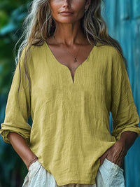 Womens Casual Loose Fashion Cotton-Linen Long-Sleeve V-Neck Solid Color Top
