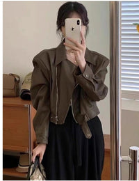 Women's Retro Long-sleeved Leather Coat Jacket