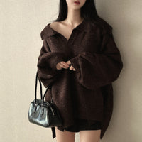 Idle Style Loose Mid-length Pullover Sweater Velvet Polo Collar Sweater