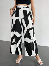 Womens High-Waisted Wide-Leg Pants With Geometric Print Straight-Leg Womens Trousers