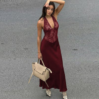 Womens Fashion Hollowed-Out Backless Lace Dress