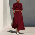 Womens Crew-Neck Short-Sleeve Casual Top And High-Waist Skirt Set