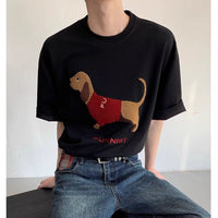 Sausage Dog Towel Embroidery Round Neck Short Sleeve T-shirt