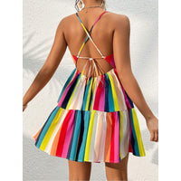 Rainbow Striped Lace Up Slip Dress