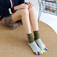 Japanese Toe Socks Female All Cotton Mid-calf Length Socks Autumn And Winter Color Finger Color Matching Bunching Socks