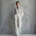Lace Long-sleeve Shirt And Wide-leg Pants Set