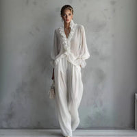 Lace Long-sleeve Shirt And Wide-leg Pants Set