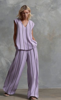 French Minimalist Black And White Vertical Stripe Loose Cotton-Linen Womens Set