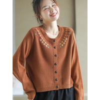 Womens Retro Embroidered Crew-Neck Long-Sleeve Top