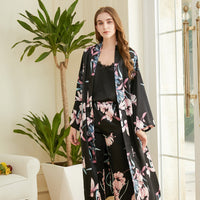 Women's Fashion Sling Print Pajamas Mid Length Belted Loungewear Three Piece Set