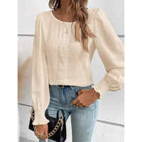 Womens Casual Top With Dotted Lace Trim And Lantern Sleeves