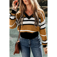Contrast Color Stripe V-neck Pullover Female Casual Sweater