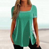 Printed Button-Front Slit Short-Sleeve Top T-Shirt Womens