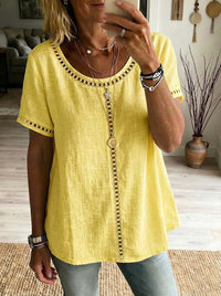 Women's Spring Summer Comfortable Casual Patchwork Hollowed-Out Trim Top T-Shirt
