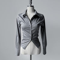 Elegant Gray Design Shirt With Long Sleeves A Turn-down Collar And A Side Slit