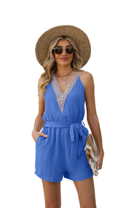 Casual Lace V-neck Sleeveless Belt Jumpsuit