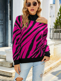 Half-high Collar Long Sleeves Tiger Pattern Sweater Off-the-shoulder Sweater