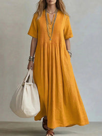 Casual Loose V-Neck Short-Sleeve Pleated Cotton-Linen Dress
