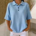 Buttoned Waffle-knit Short-sleeve T-shirt Solid-color Pullover Top
