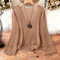 Hollow-out Spring And Summer Long Sleeves Knitted V-neck Plus Size Women's Long-sleeved Sweater