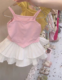 Girls' Summer Sleeveless Love Thin With Shoulder-straps All-match Cake Pleated Skirt