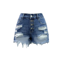 Rough-edged Crotch-level Waist Denim Shorts With Ripsholes