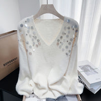 Heavy Embroidery Sequins Diamond V Neck Pullover Lazy Sweater