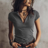 Womens Knitted Fabric Elegant Zip-Neck Short-Sleeve Top