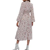 Small-floral Elastic-waist High-neck Long-sleeve Dress