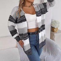 Casual Hollow Contrast Color Striped Lantern Sleeve Cardigan Sweater
