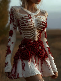 Long-sleeved Floral 3D-printed Dress With A Round Neckline