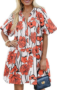 New Style Floral-print Loose-fitting Beach Dressshirt Dress