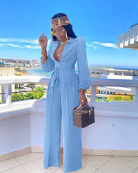 Fashion Solid Color Casual Shirt Collar Jumpsuit With Belt