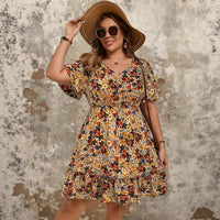 Womens Buttoned Printed Plus-Size Bohemian Summer Dress