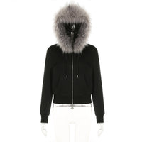 Black Zipper Divided Print Fleece Hooded Sweatshirt