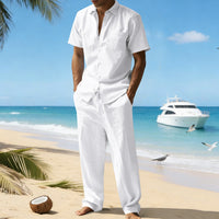 Linen Lapel Short-Sleeve Shirt And Casual Trousers Two-Piece Set For Men