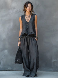 V-neck Sleeveless Ruffled Hem Dark Gray Casual Set