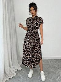 Leopard Print Front Button Shirt Belt Bow Shirt For Women