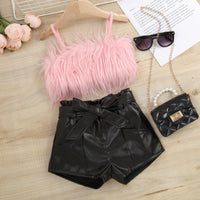 Furry Sling Top Solid Color Open Bag Leather Pants Suit With Belt