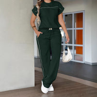 Womens Solid-Color Simple Crew-Neck Short-Sleeve Top And Straight-Leg Pants Set