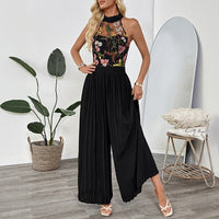 Halter Sleeveless Lace Embroidery Stitching Wide Leg Jumpsuit