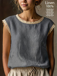 Loose Solid-Color Crew-Neck Lace Sleeveless Cotton-Linen Shirt