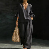 Womens V-neck Ruffle-Sleeve Top And Wide-Leg Pants Two-Piece Set