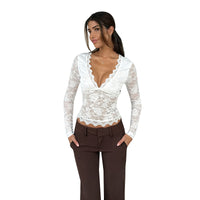 Women's Lace V-neck Long Sleeve Top
