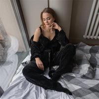 Pit Corduroy Camisole Nightgown Trousers Three-piece Knitted Autumn And Winter Pajamas Women's Warm Loungewear