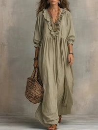 Womens Striped Ruffle-Trimmed Loose High-Waist V-Neck Dress
