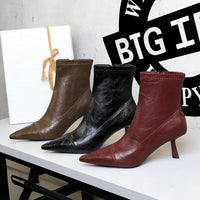 Slim Retro Soft Leather Pointed Toe Bare Single Boots Thin Heel