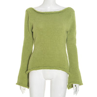 New Solid Color Slim-fit Bell Sleeve T-shirt With Boat Neck