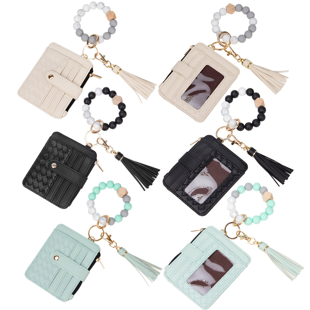 Leather PU Tassel Card Bag Silicone Bracelet Wrist Keychain Pendant