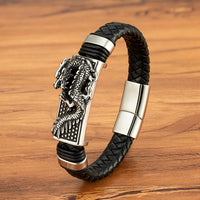 Gold And Steel-Colored Leopard-Pattern Dragon Pi Xiu Stainless Steel Leather Magnetic-Clasp Mens Bracelet